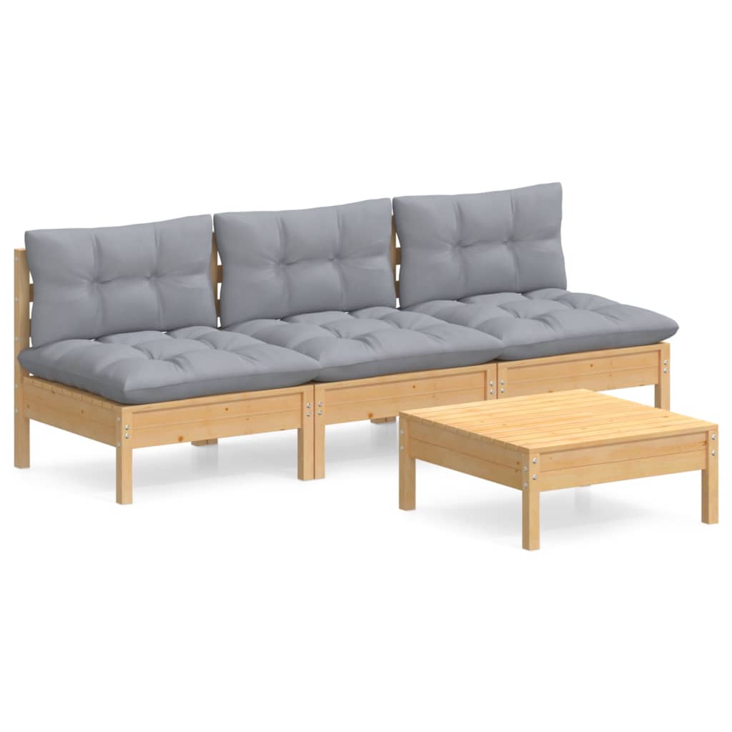 Salon de jardin 4 pcs avec coussins gris Bois de pin