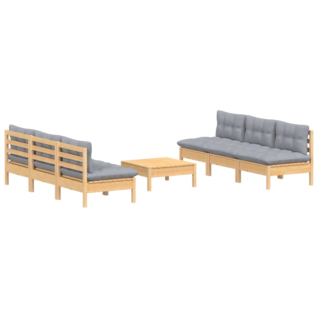 Salon de jardin 7 pcs avec coussins gris bois de pin