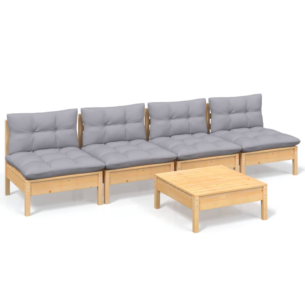 Salon de jardin 5 pcs avec coussins gris bois de pin