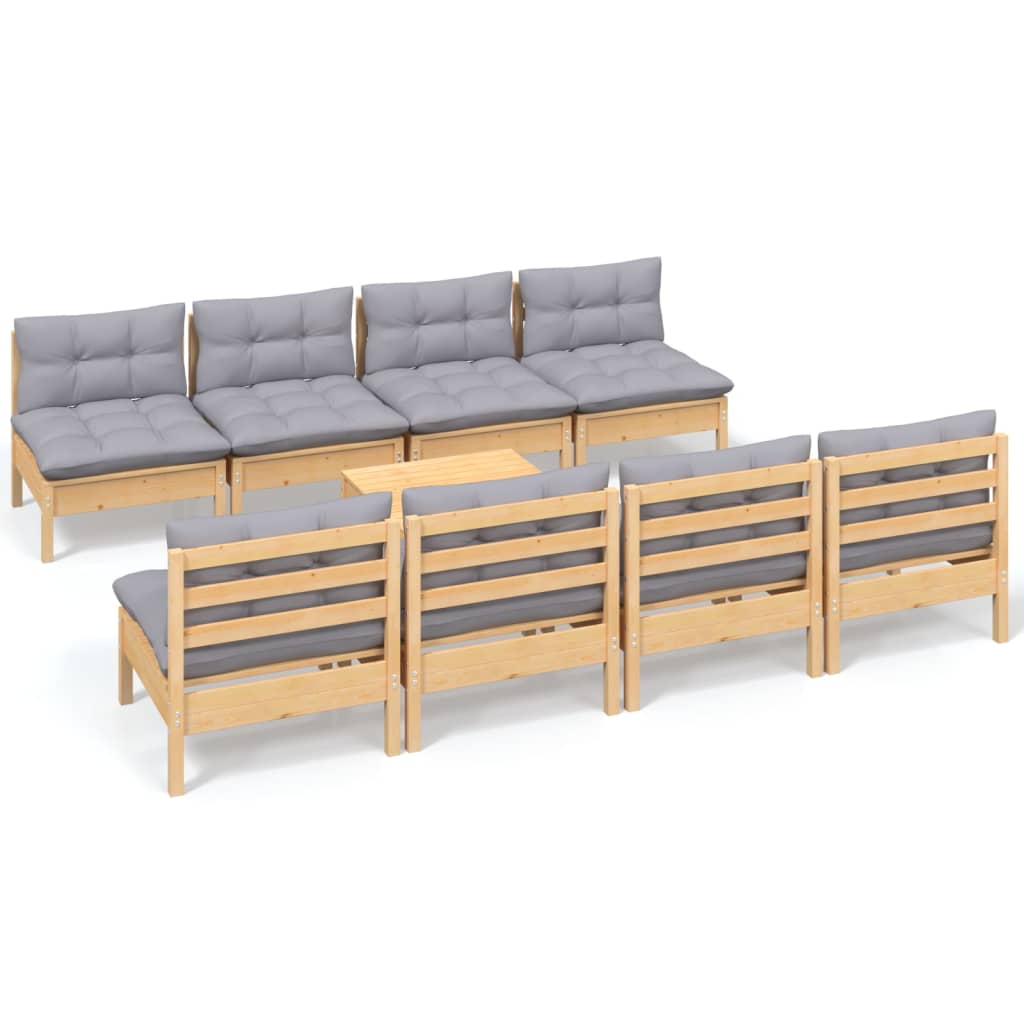 Salon de jardin 9 pcs avec coussins gris bois de pin massif