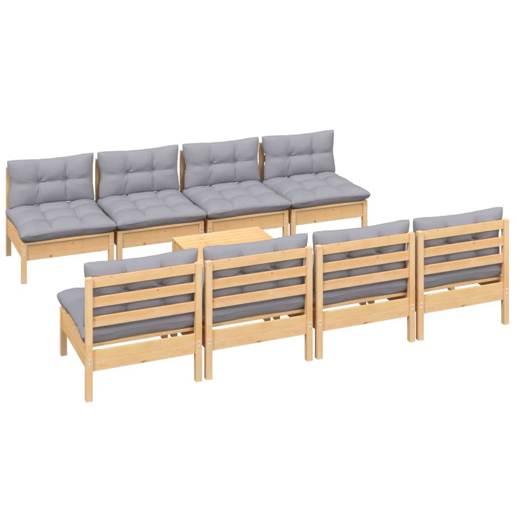 Salon de jardin 9 pcs avec coussins gris bois de pin massif