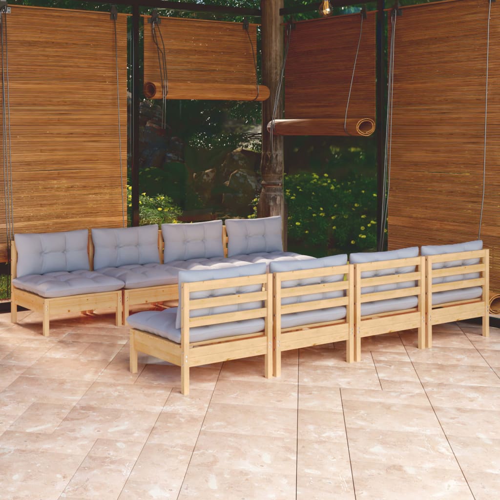 Salon de jardin 9 pcs avec coussins gris bois de pin massif