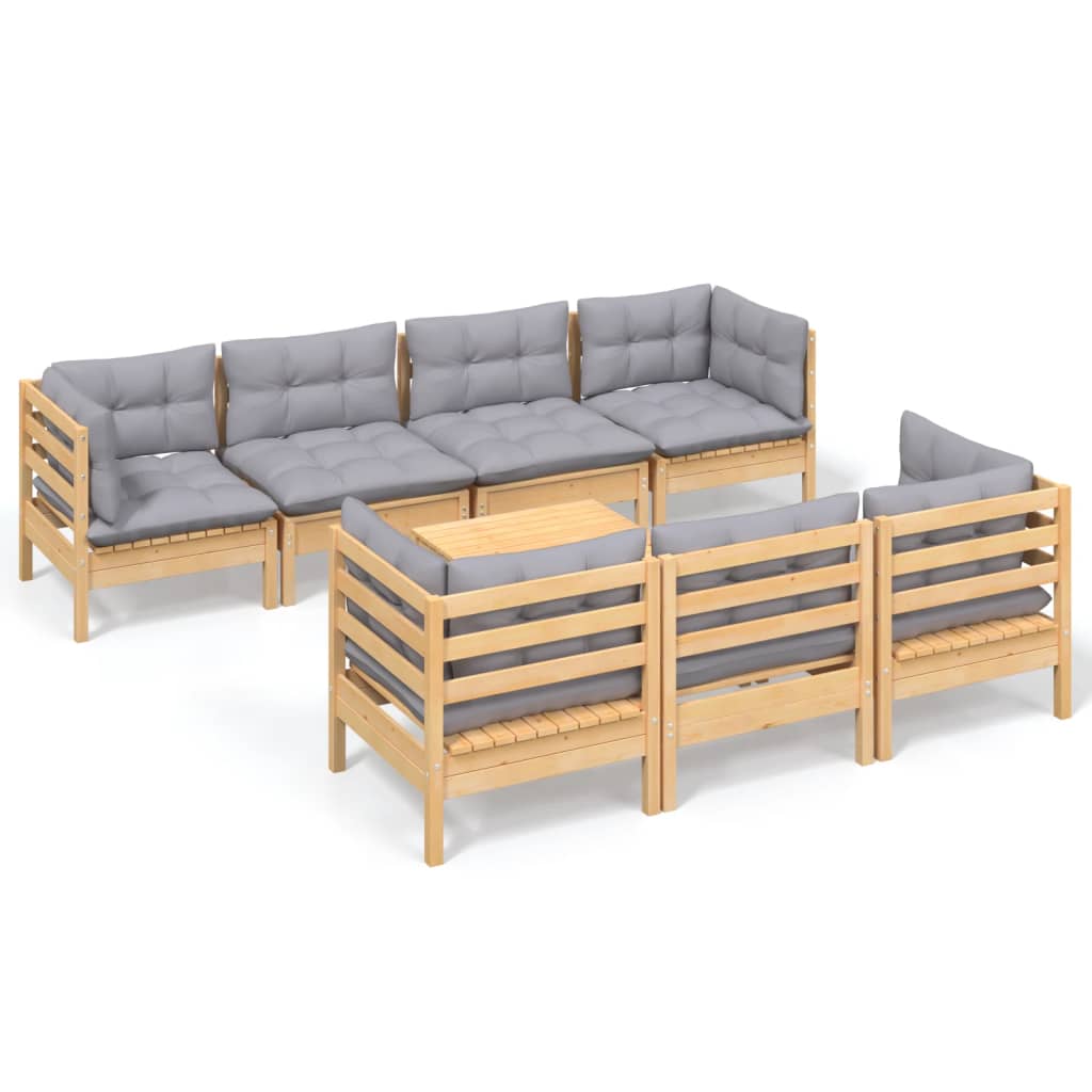 Salon de jardin 8 pcs avec coussins gris Bois de pin massif