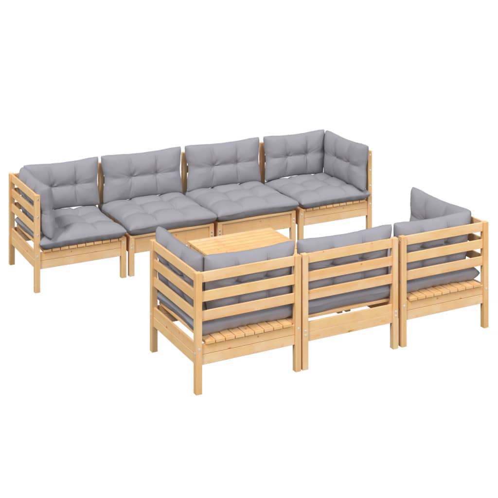 Salon de jardin 8 pcs avec coussins gris Bois de pin massif