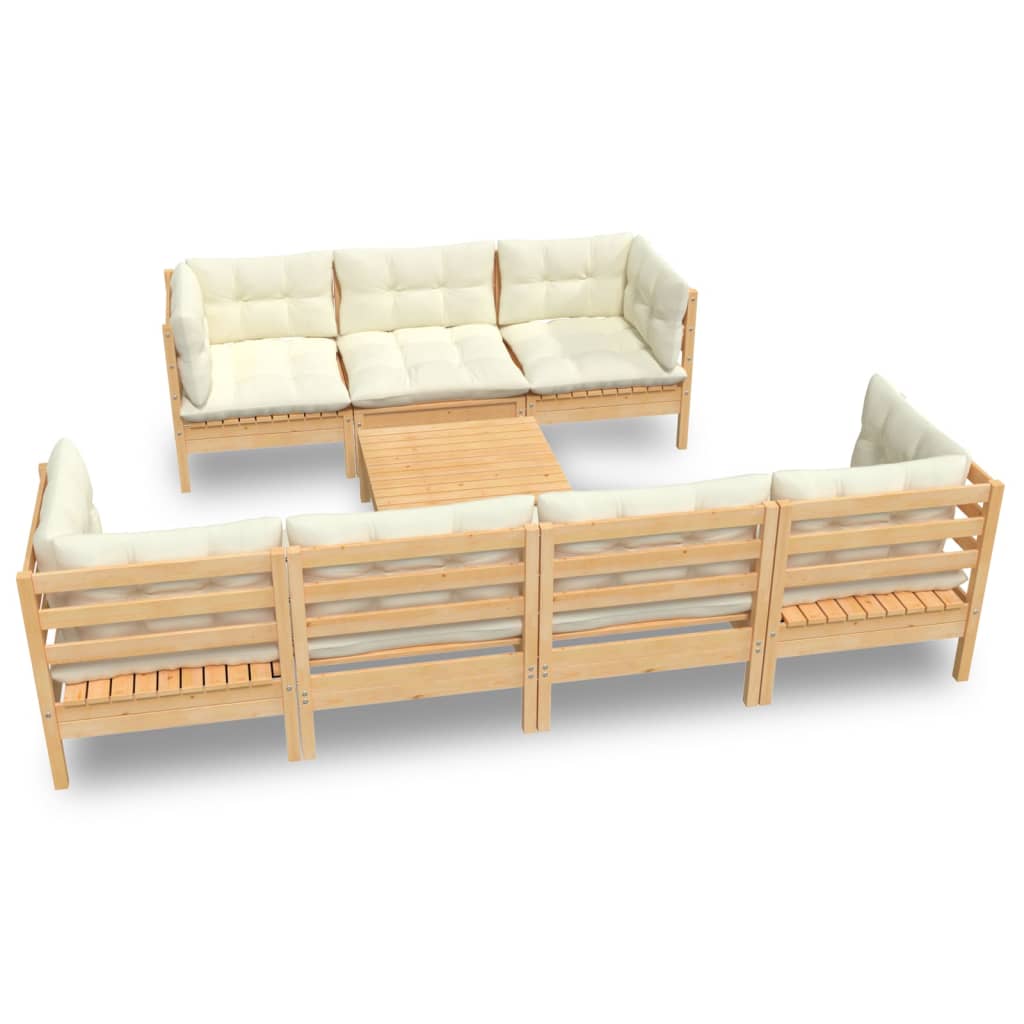 Salon de jardin 8 pcs avec coussins crème Bois de pin massif