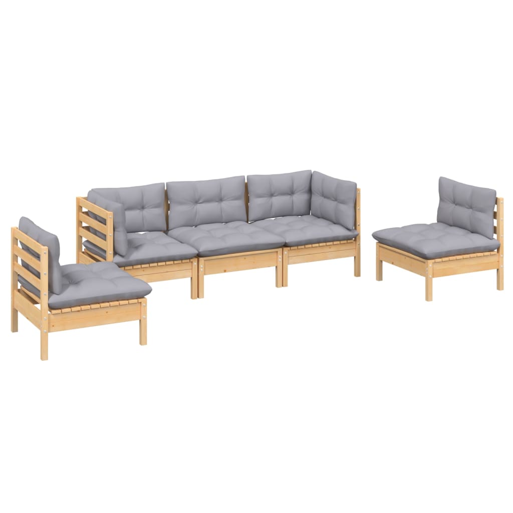 Salon de jardin 5 pcs avec coussins gris bois de pin massif