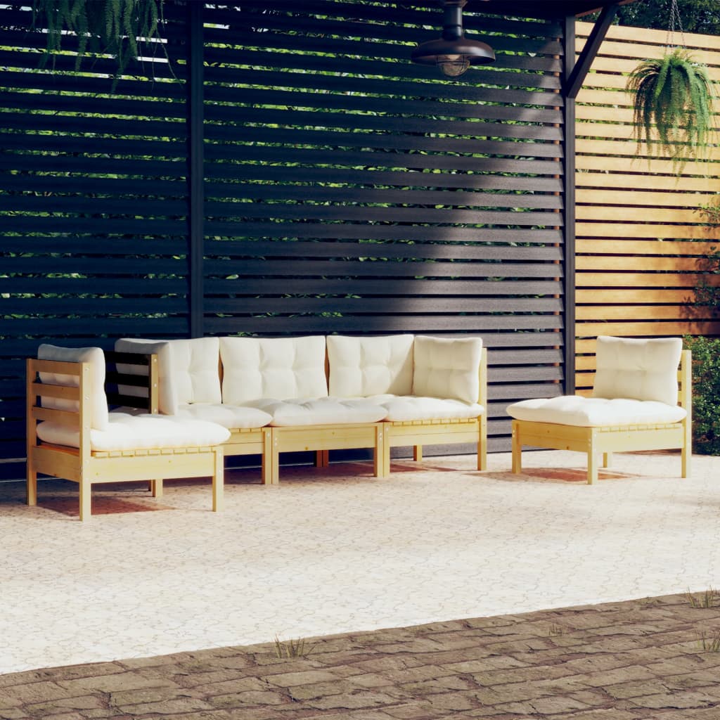 Salon de jardin 5 pcs avec coussins crème bois de pin massif