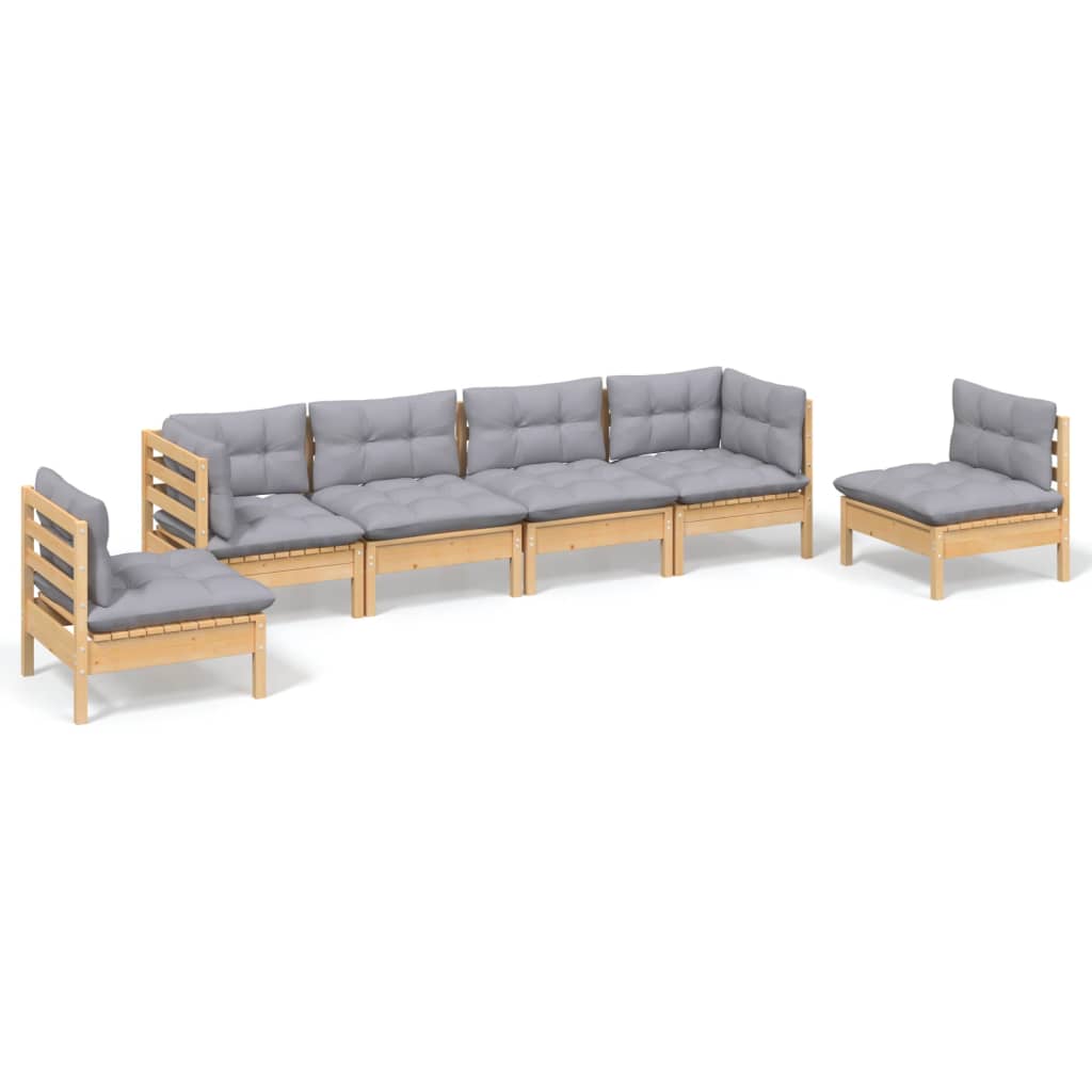 Salon de jardin 6 pcs avec coussins gris Bois de pin massif