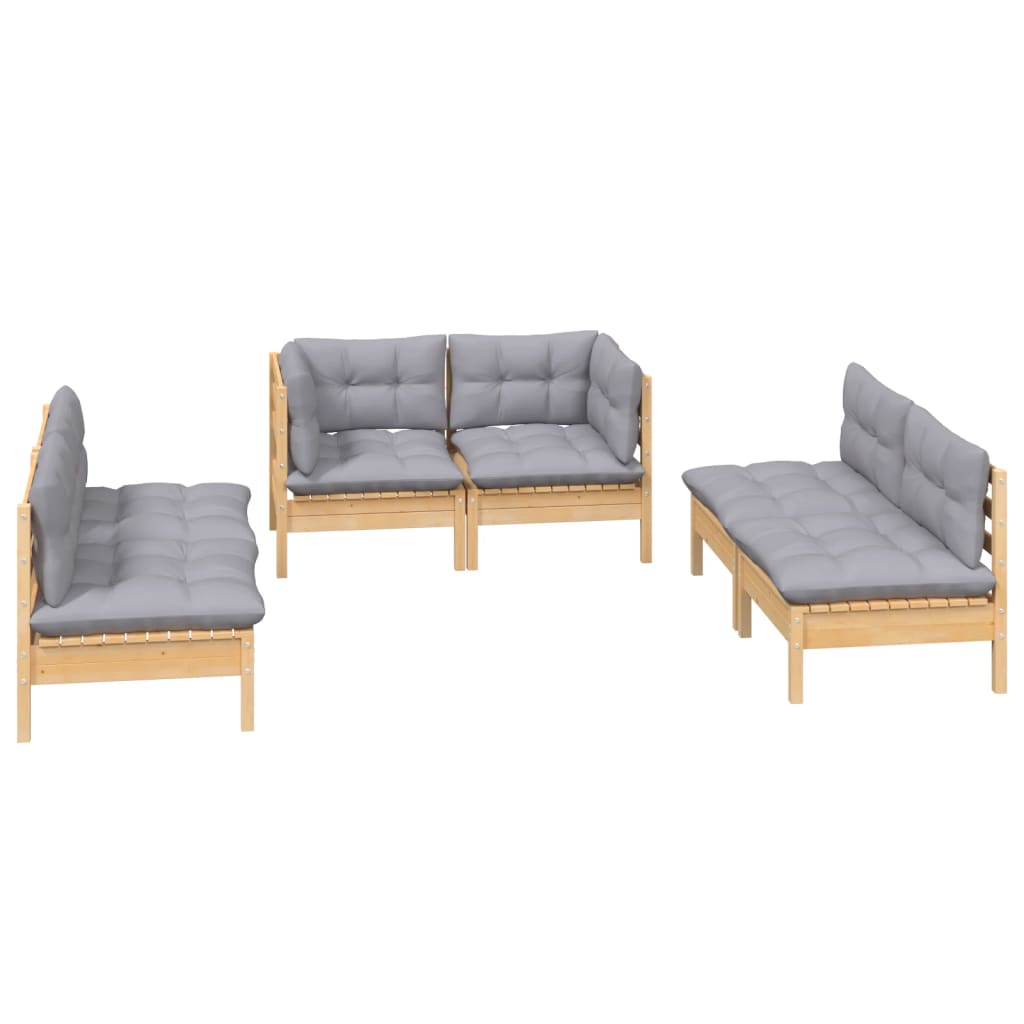 Salon de jardin 6 pcs avec coussins gris Bois de pin massif
