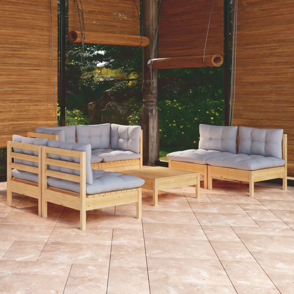 Salon de jardin 7 pcs avec coussins gris bois de pin massif
