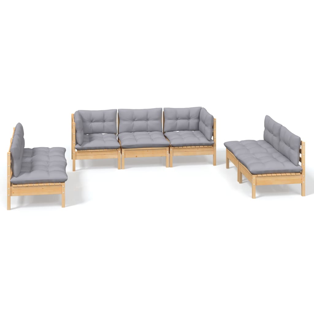 Salon de jardin 7 pcs avec coussins gris bois de pin massif