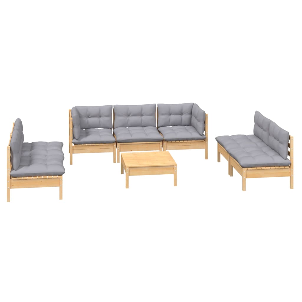 Salon de jardin 8 pcs avec coussins gris Bois de pin massif