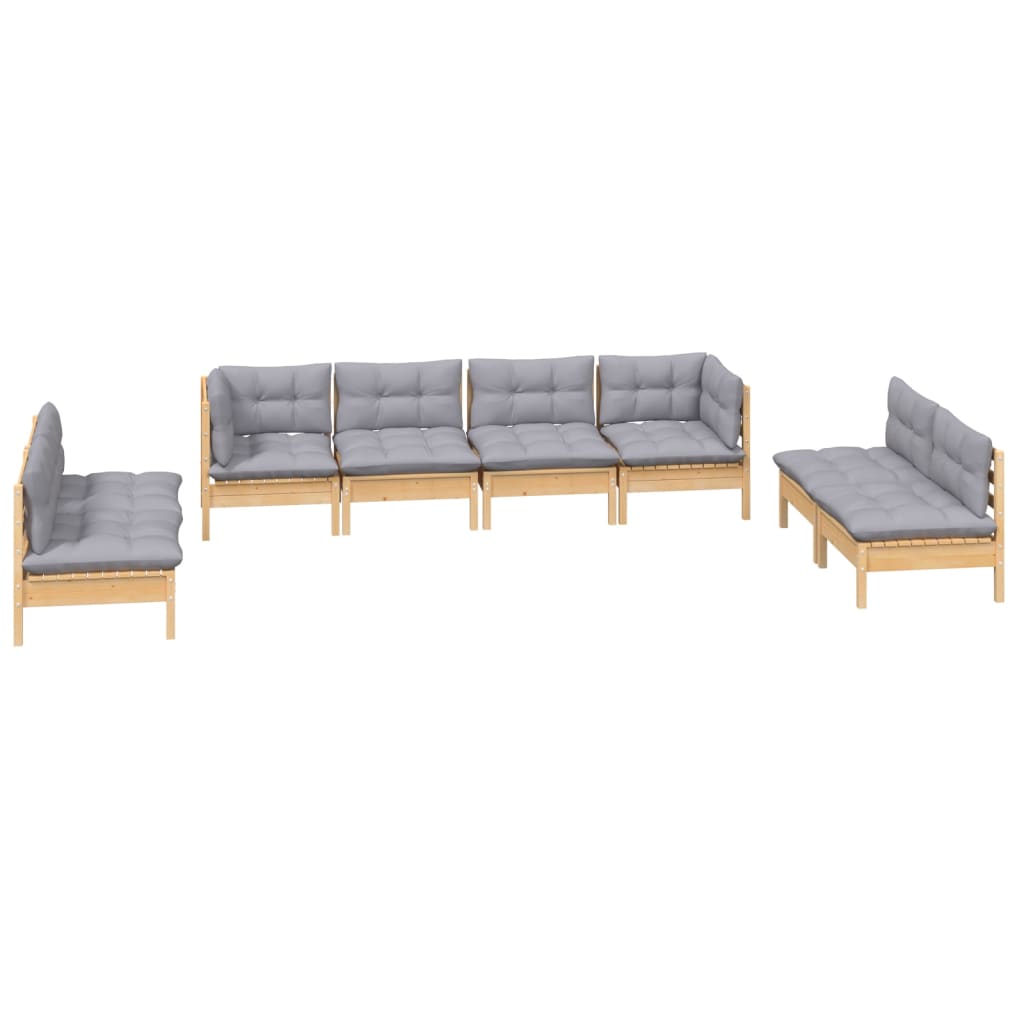 Salon de jardin 8 pcs avec coussins gris Bois de pin massif