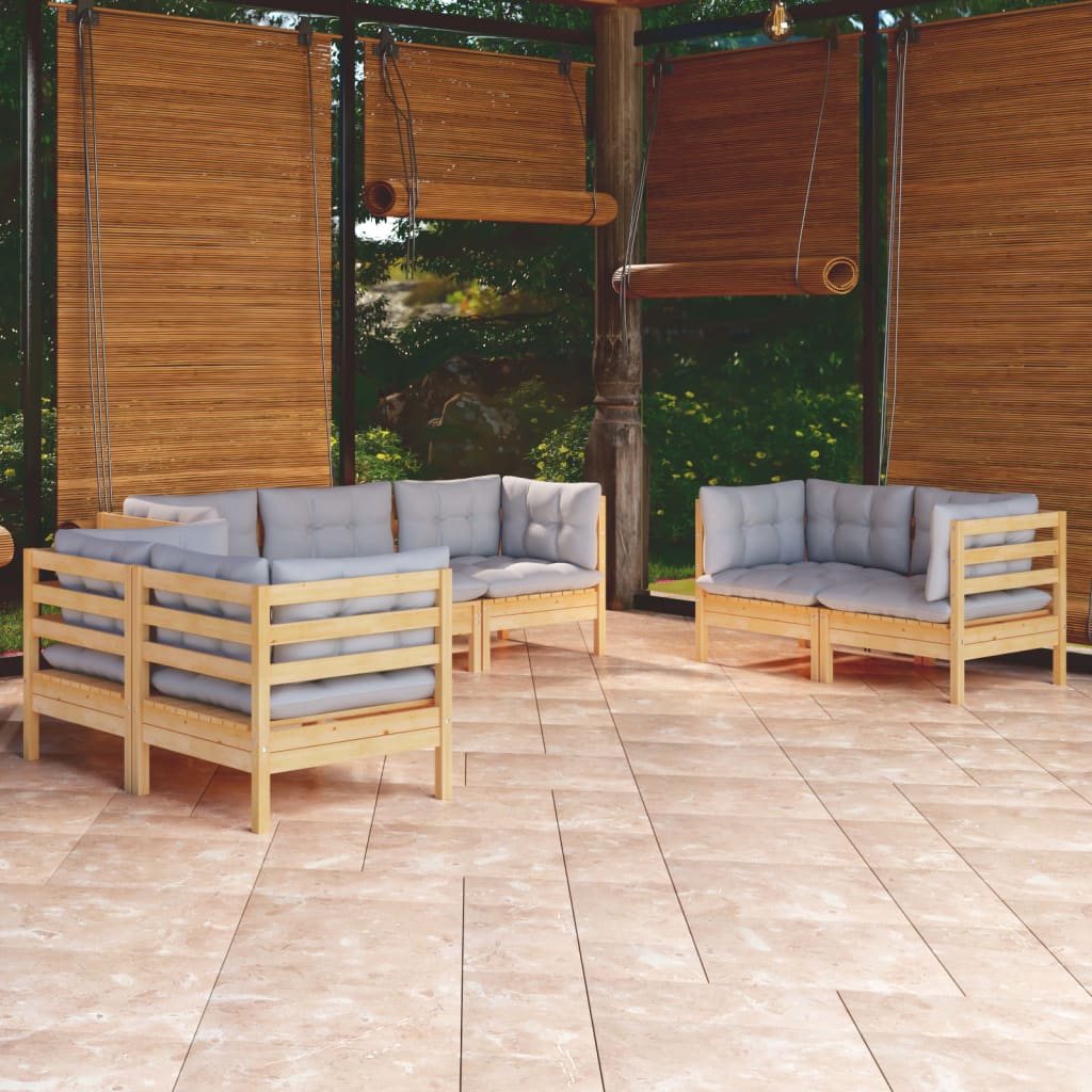Salon de jardin 7 pcs avec coussins gris bois de pin massif