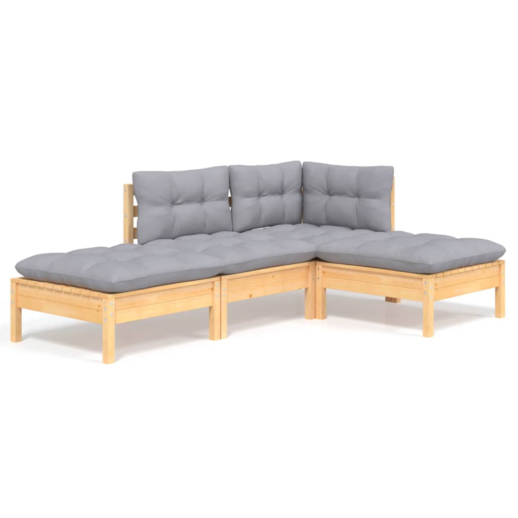 Salon de jardin 4 pcs avec coussins gris Bois de pin massif