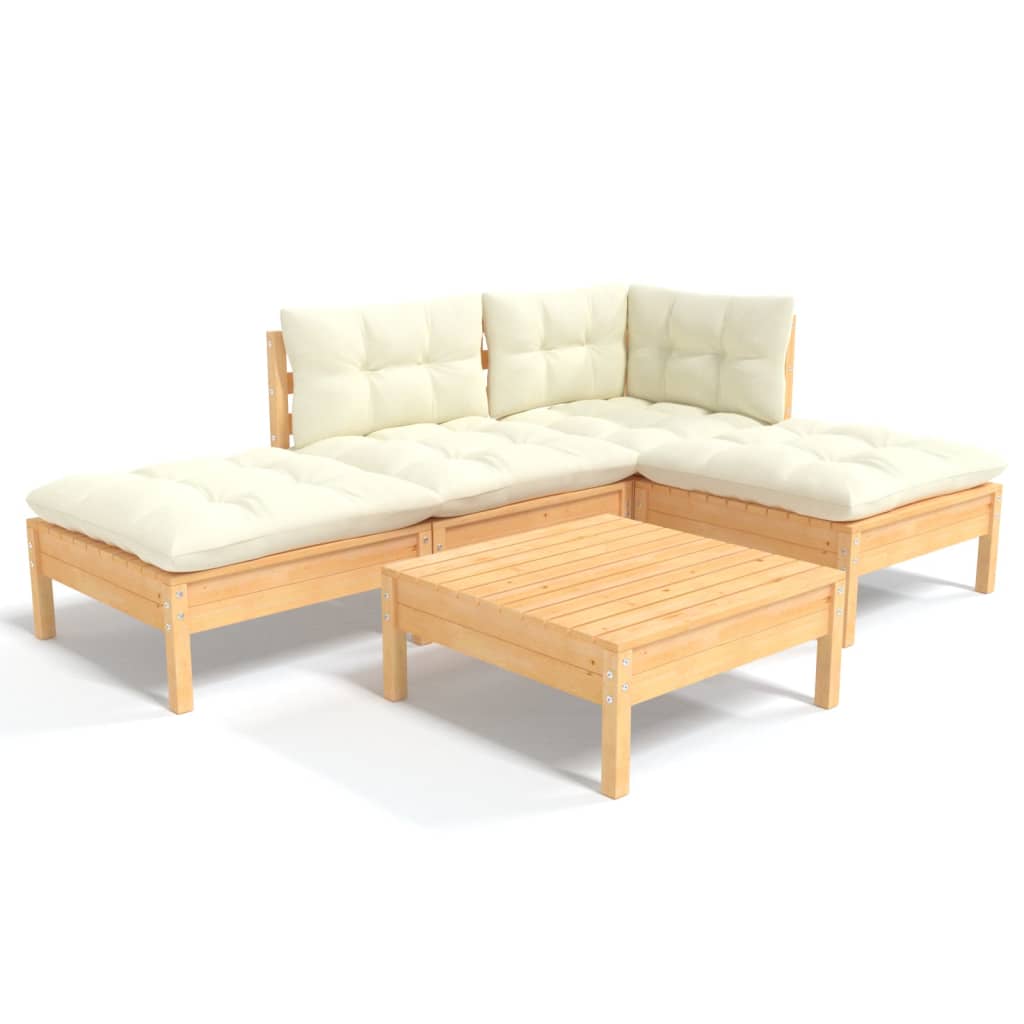 Salon de jardin 5 pcs avec coussins crème bois de pin