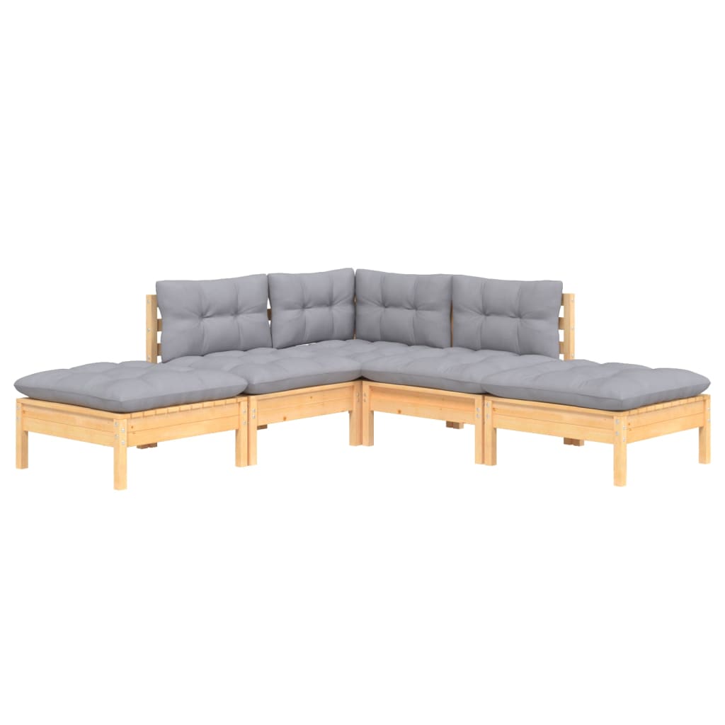 Salon de jardin 5 pcs avec coussins gris bois de pin