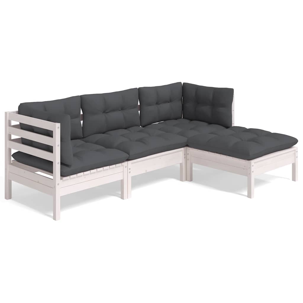 Salon de jardin 4 pcs avec coussins blanc bois de pin