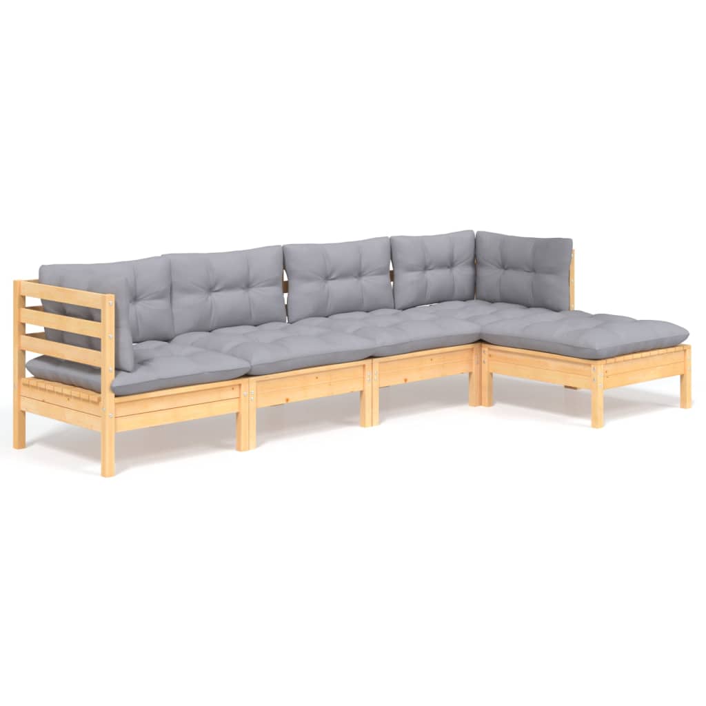 Salon de jardin 5 pcs avec coussins gris bois de pin
