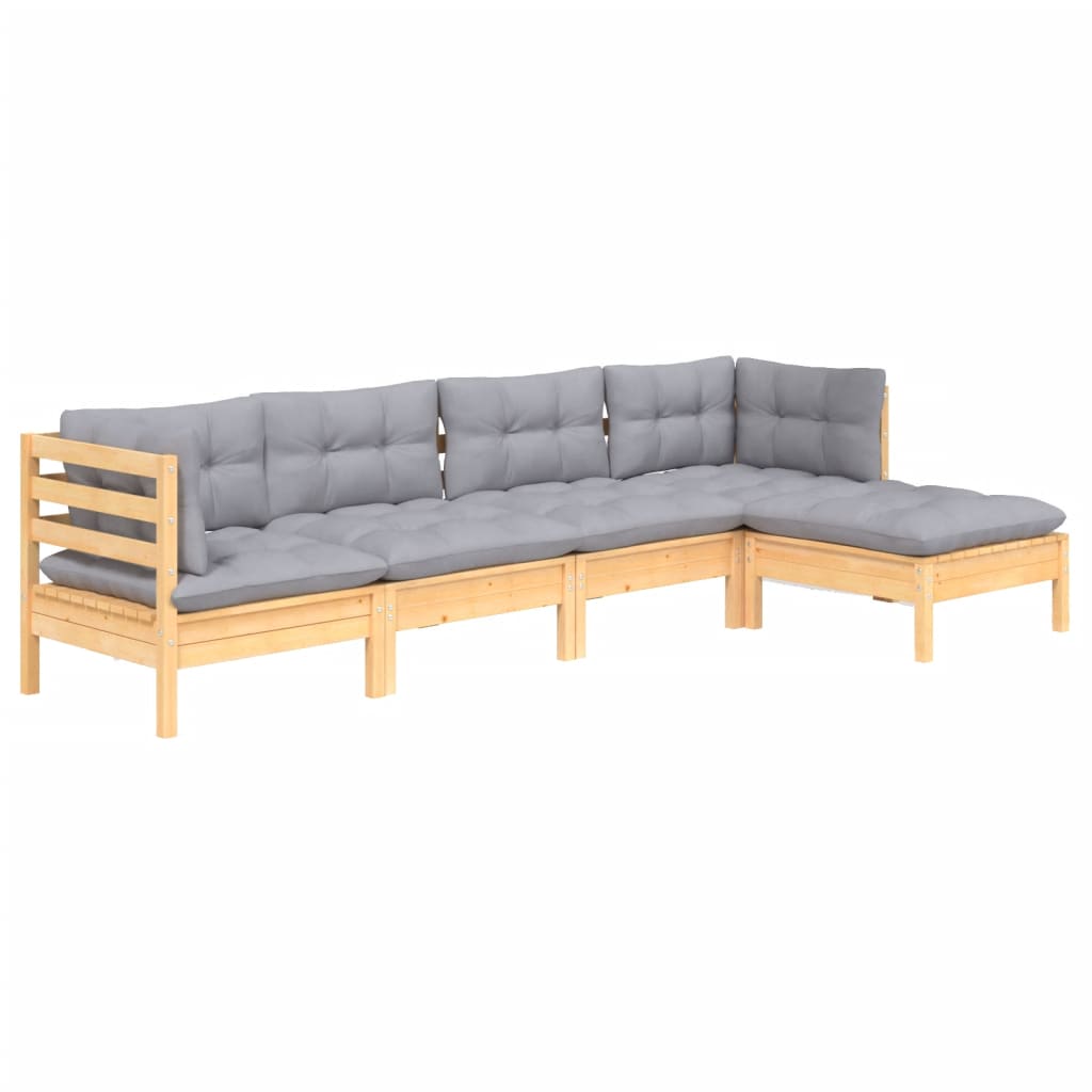 Salon de jardin 5 pcs avec coussins gris bois de pin