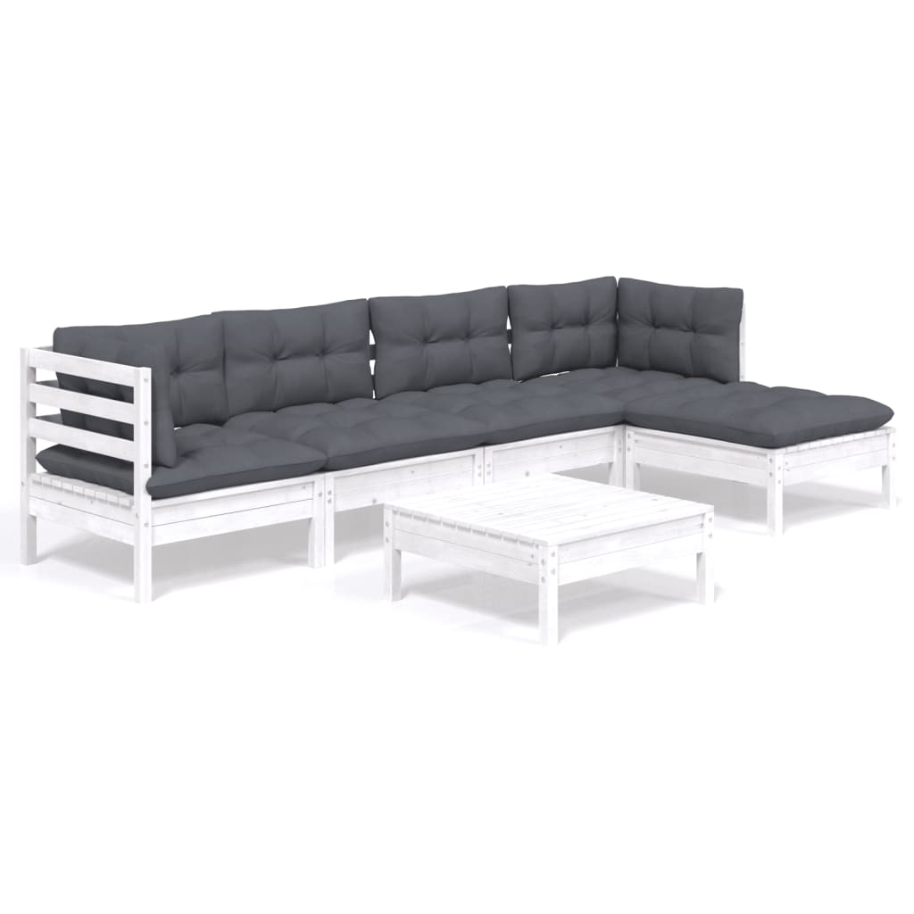 Salon de jardin 6 pcs avec coussins blanc bois de pin