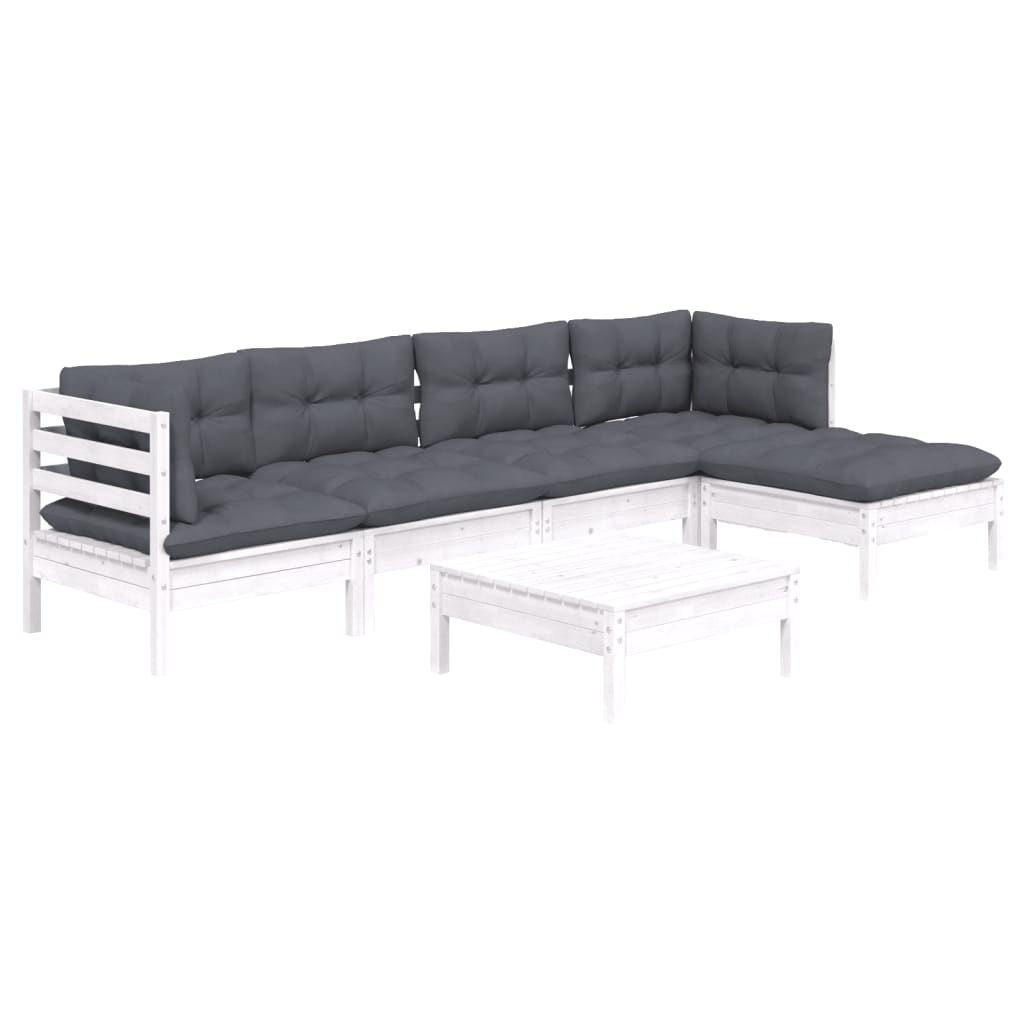 Salon de jardin 6 pcs avec coussins blanc bois de pin