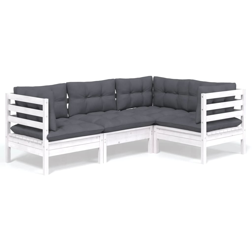 Salon de jardin 4 pcs avec coussins blanc bois de pin