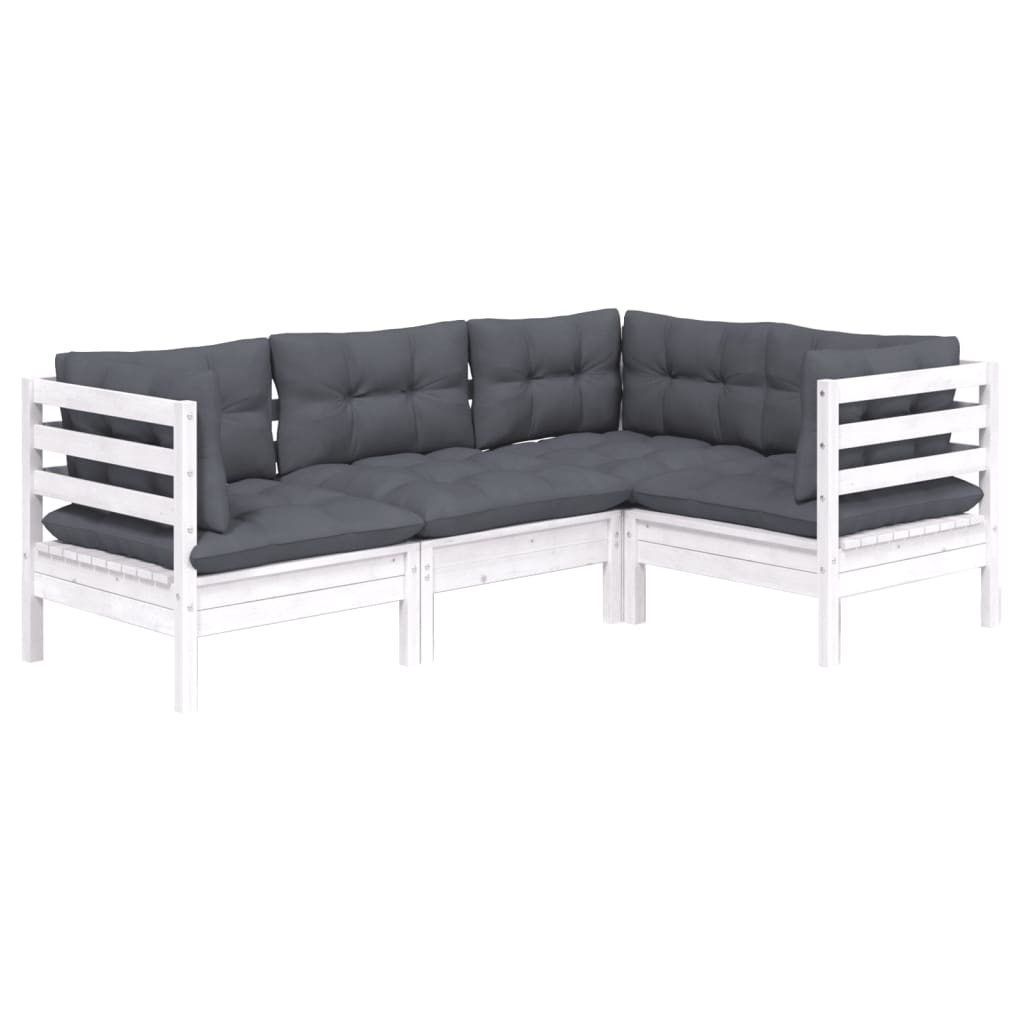 Salon de jardin 4 pcs avec coussins blanc bois de pin