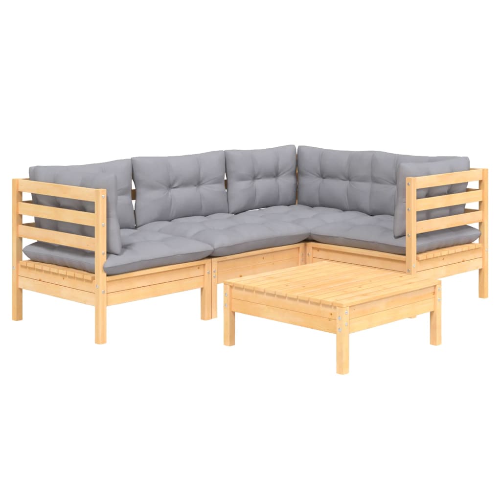 Salon de jardin 5 pcs avec coussins gris bois de pin