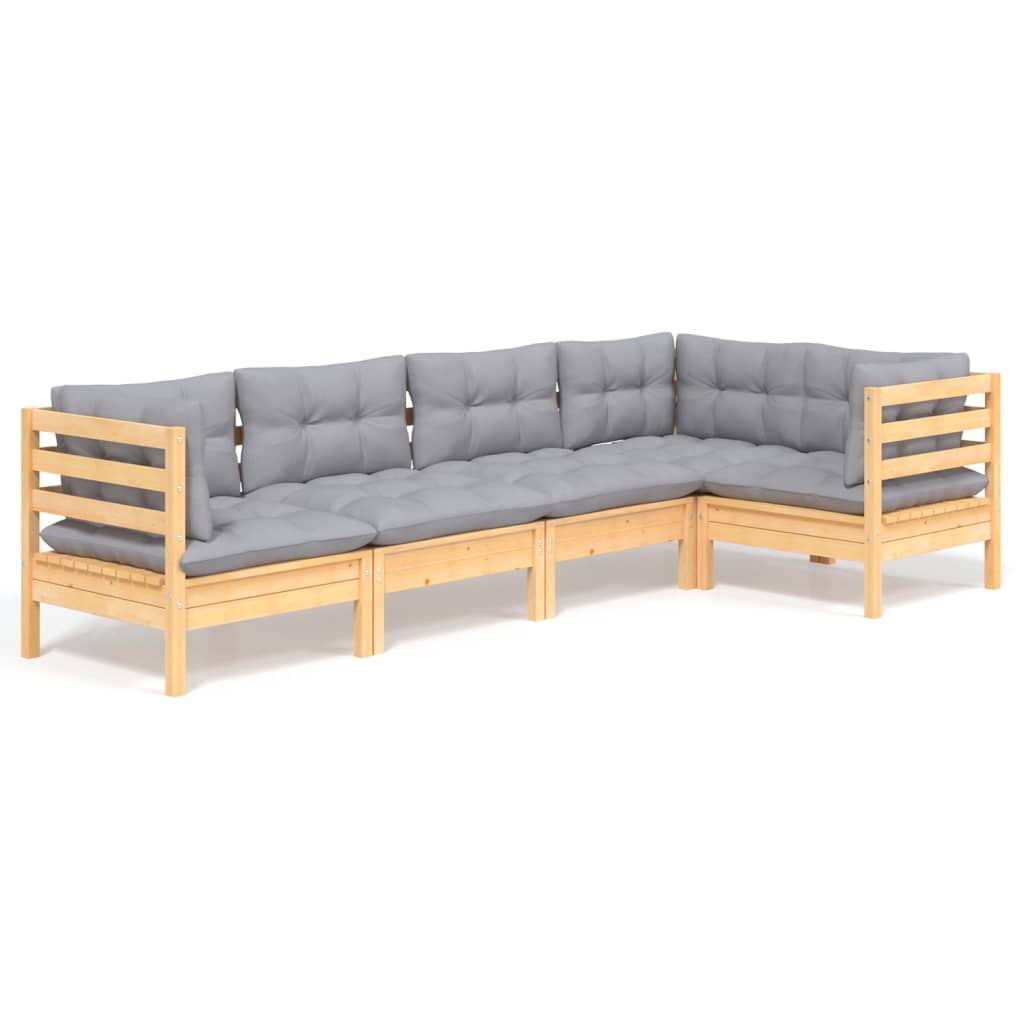 Salon de jardin 5 pcs avec coussins gris bois de pin