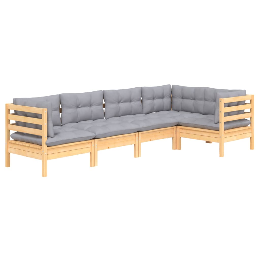 Salon de jardin 5 pcs avec coussins gris bois de pin