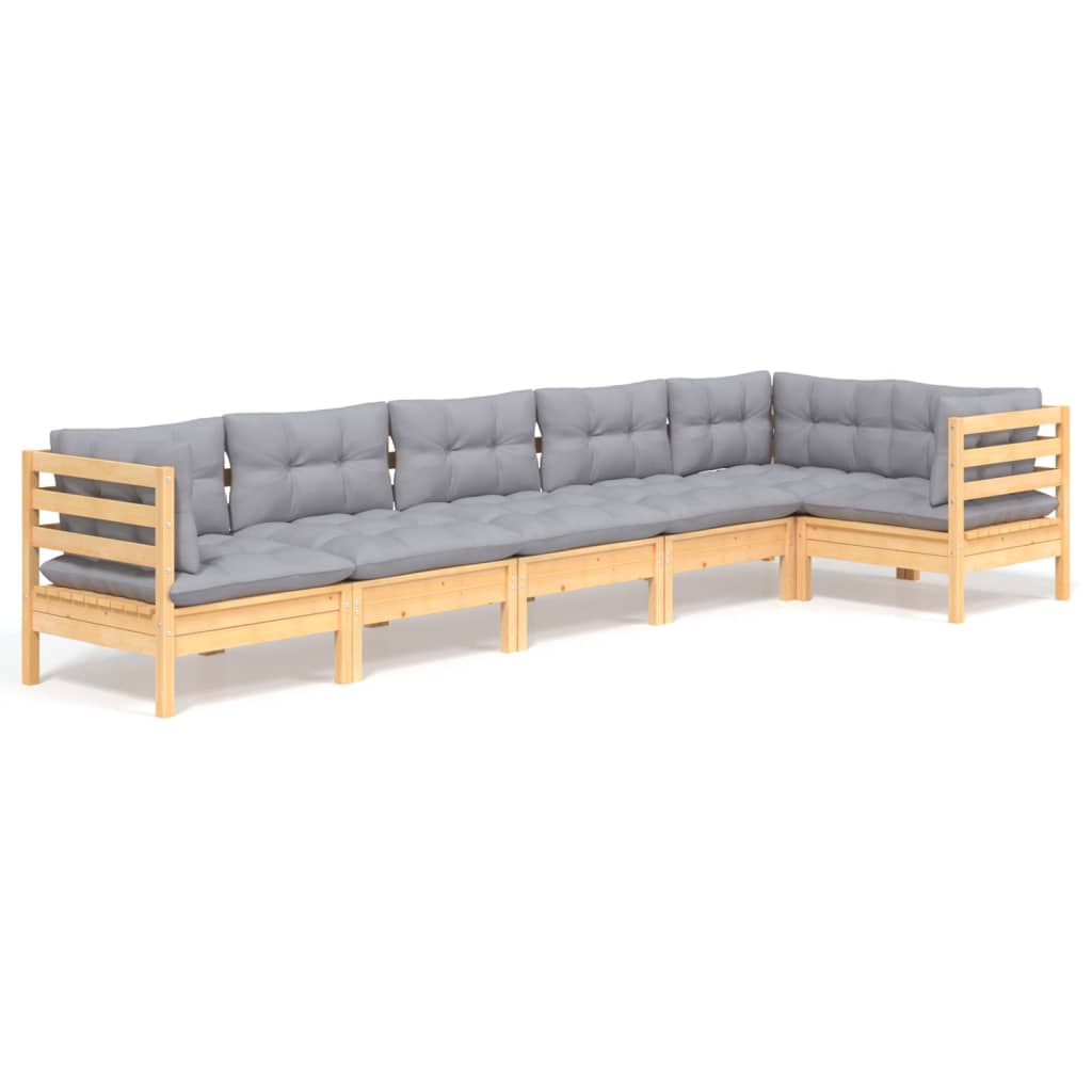 Salon de jardin 6 pcs avec coussins gris bois de pin