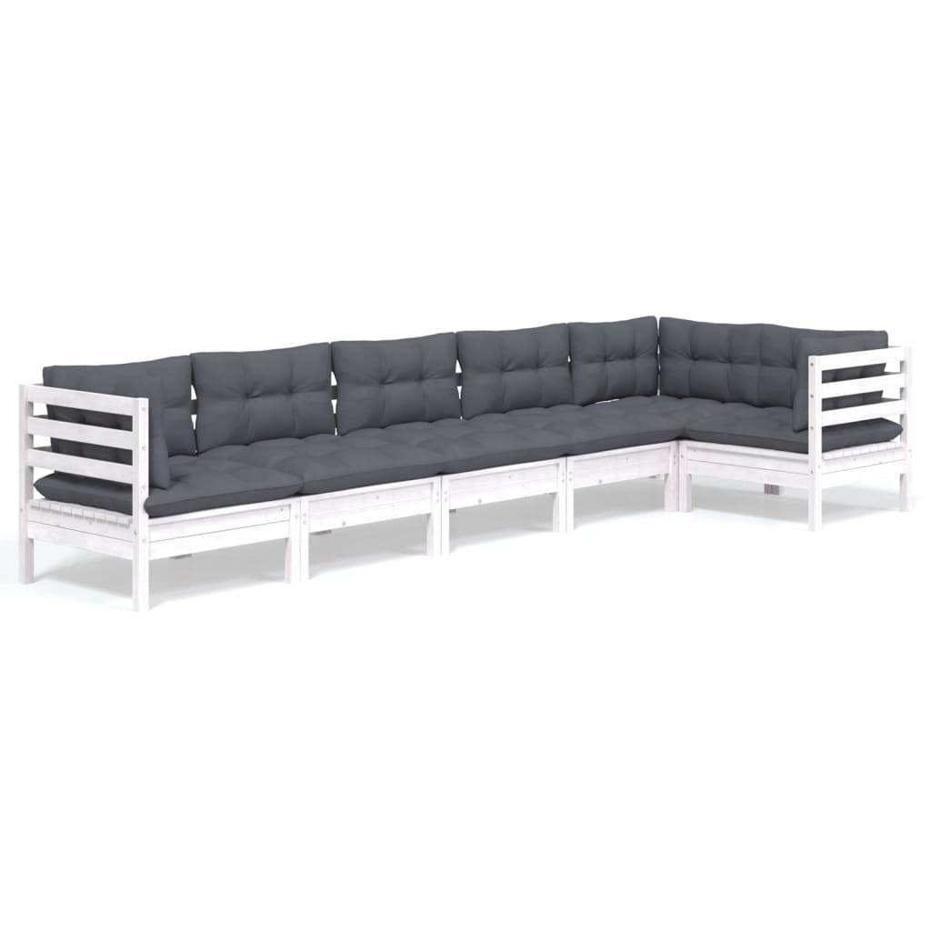 Salon de jardin 6 pcs avec coussins blanc bois de pin