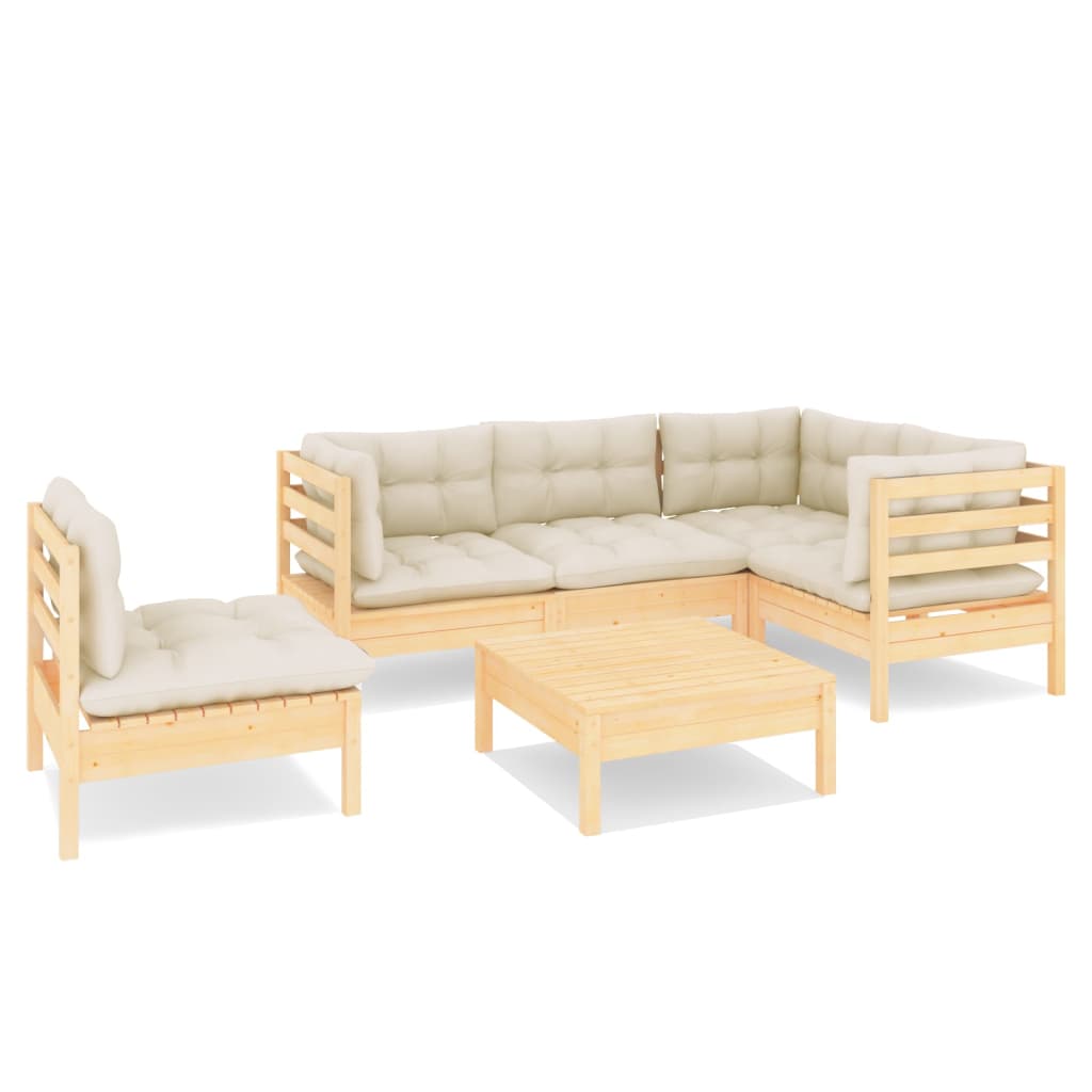 Salon de jardin 6 pcs avec coussins crème bois de pin
