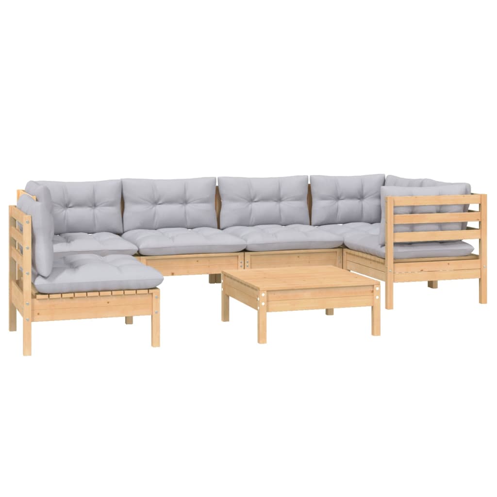 Salon de jardin 7 pcs avec coussins gris bois de pin