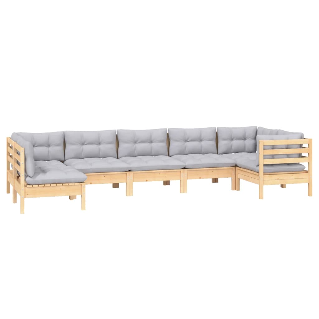 Salon de jardin 7 pcs avec coussins gris bois de pin