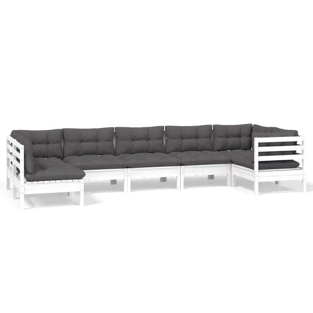 Salon de jardin 7 pcs avec coussins blanc bois de pin