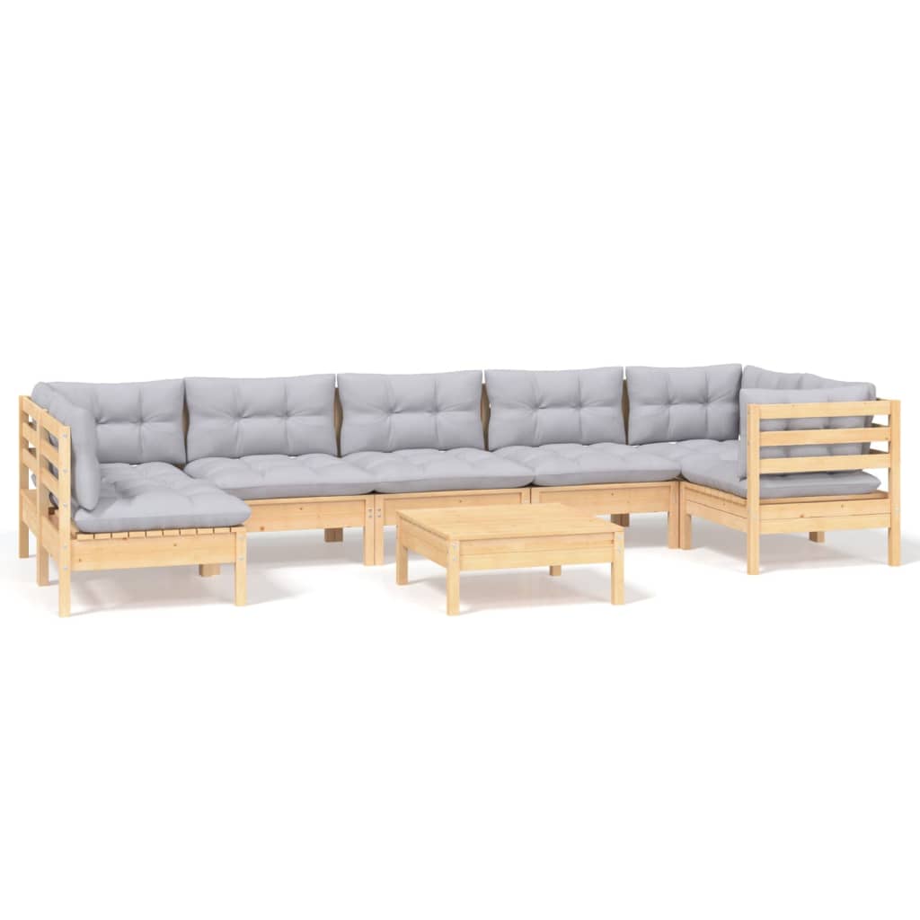 Salon de jardin 8 pcs avec coussins gris Bois de pin