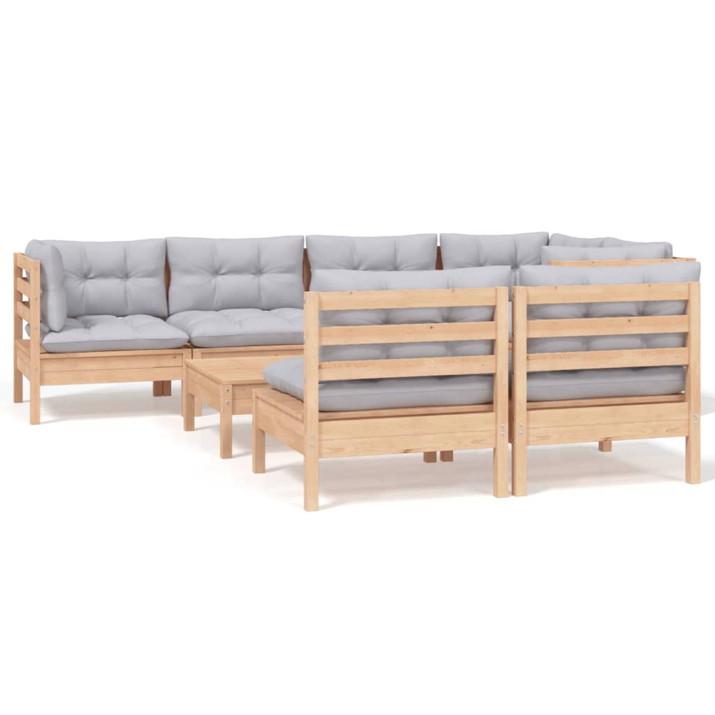 Salon de jardin 8 pcs avec coussins gris Bois de pin massif