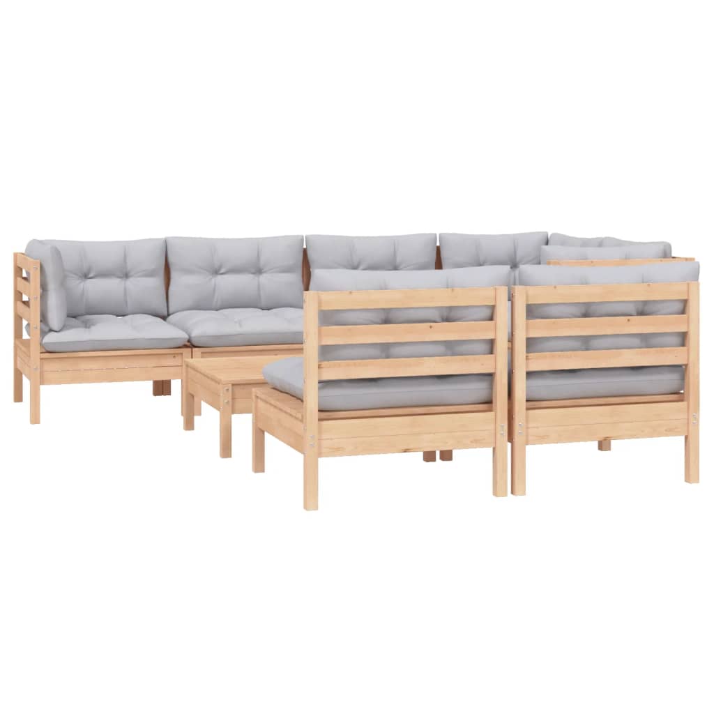 Salon de jardin 8 pcs avec coussins gris Bois de pin massif
