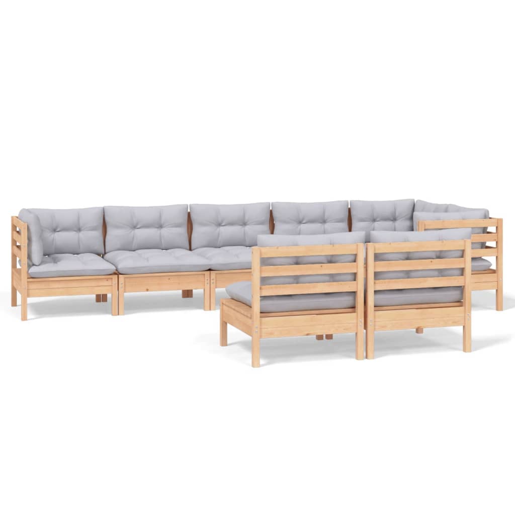 Salon de jardin 8 pcs avec coussins gris Bois de pin massif