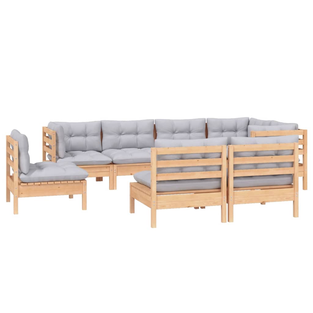 Salon de jardin 8 pcs avec coussins gris Bois de pin massif