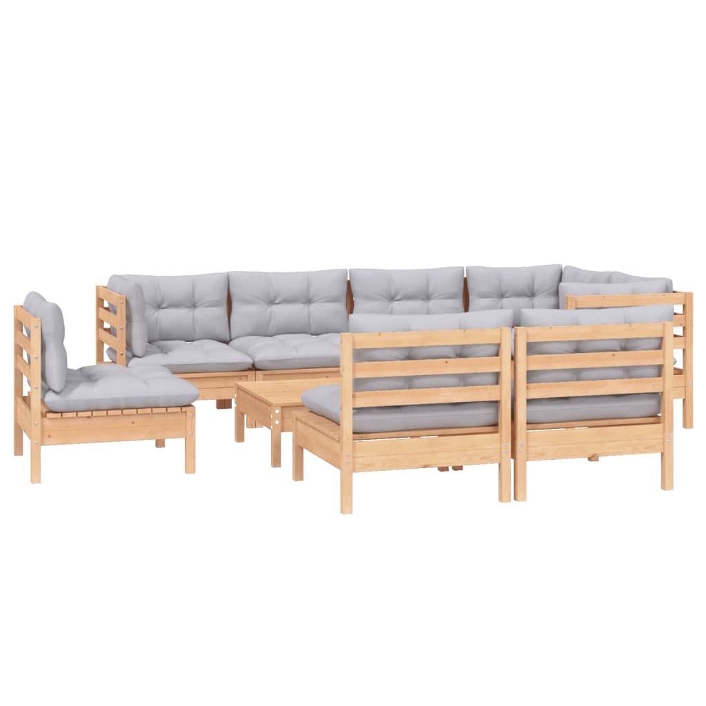 Salon de jardin 9 pcs avec coussins gris bois de pin massif