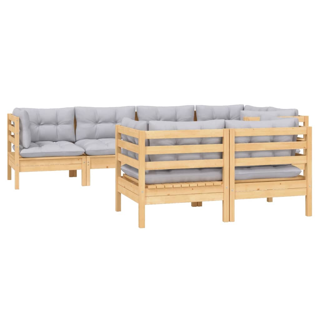 Salon de jardin 7 pcs avec coussins gris bois de pin massif