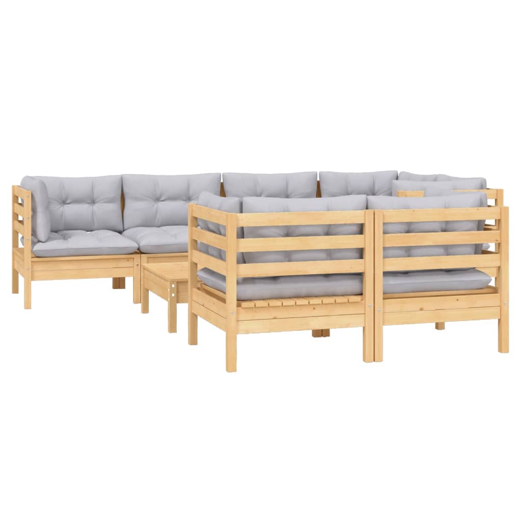 Salon de jardin 8 pcs avec coussins gris Bois de pin massif