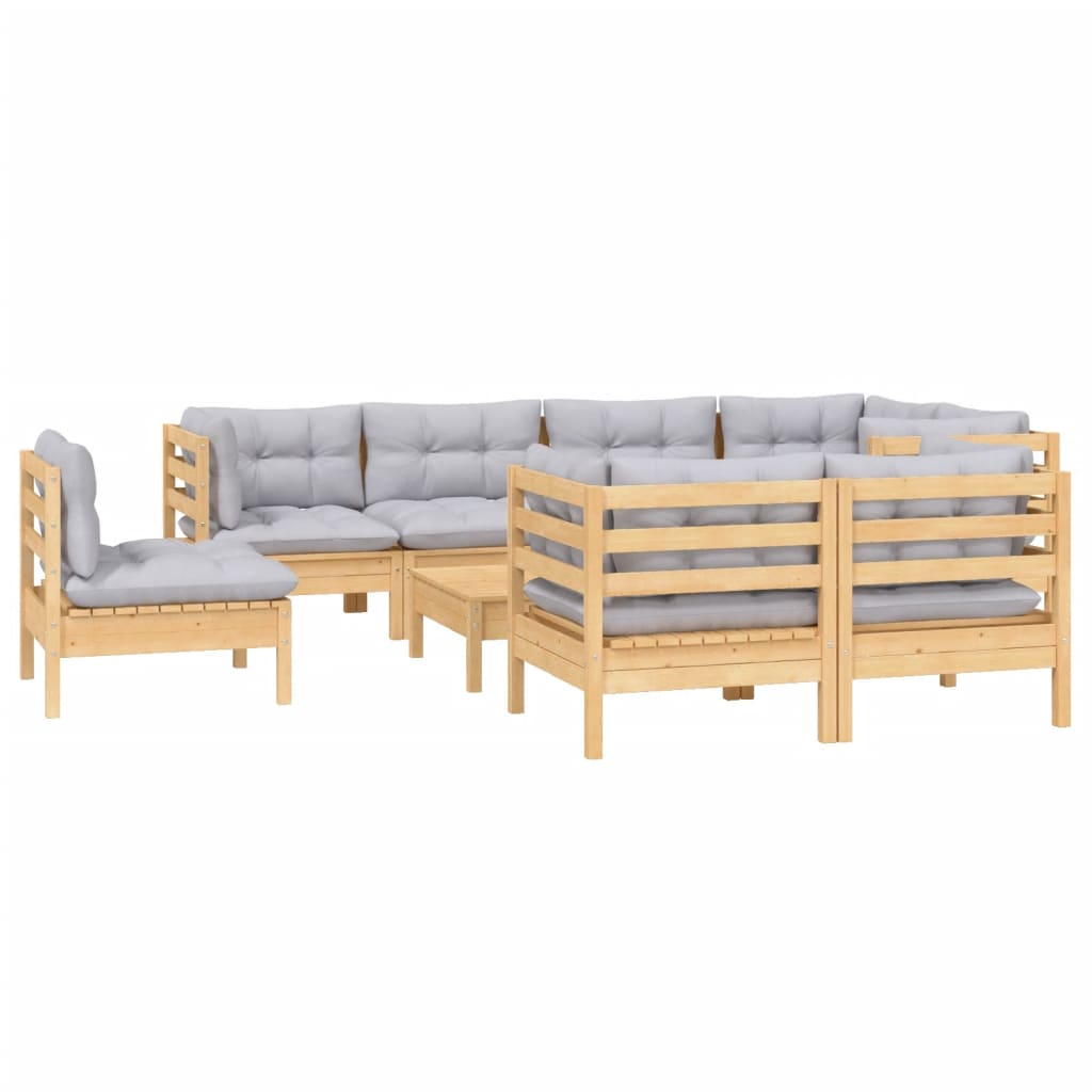 Salon de jardin 9 pcs avec coussins gris bois de pin massif