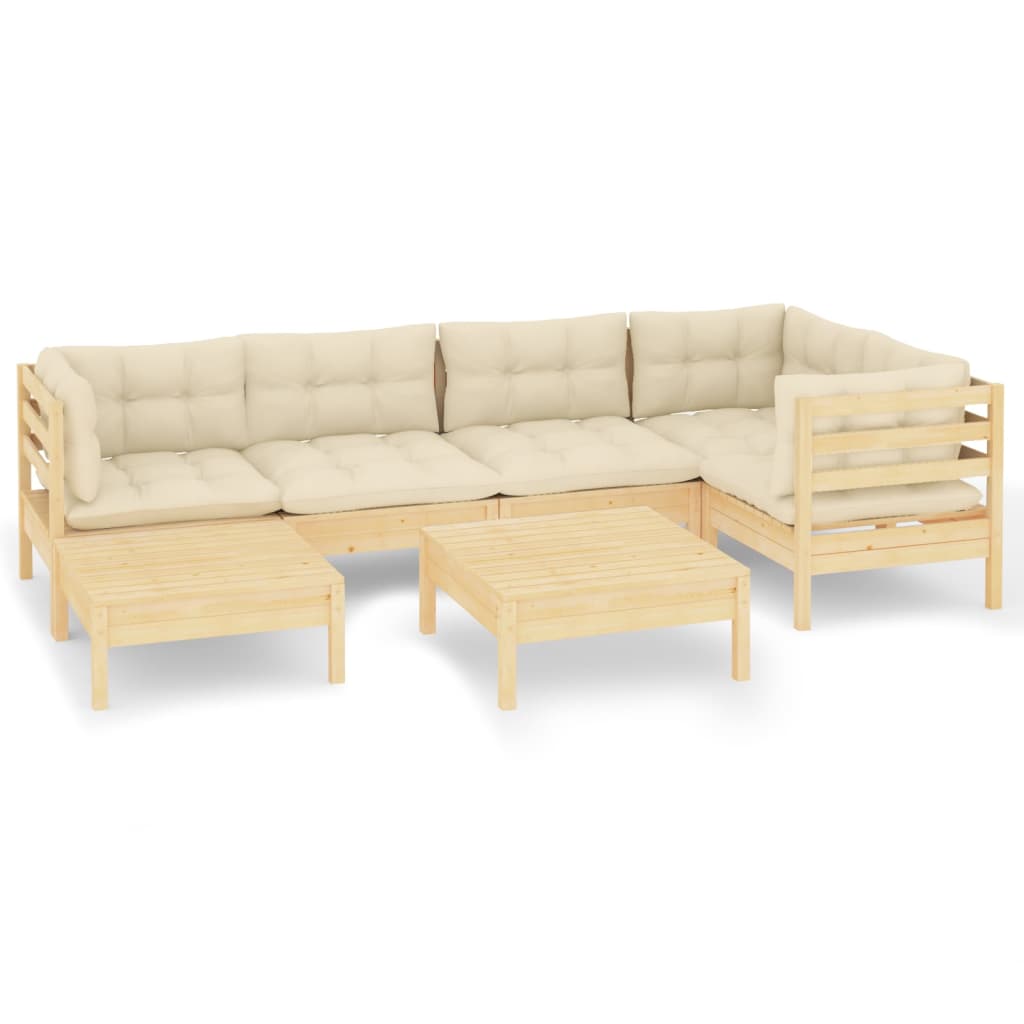 Salon de jardin 7 pcs avec coussins crème bois de pin massif