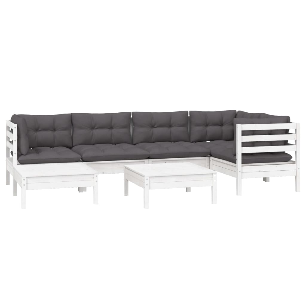 Salon de jardin 7 pcs avec coussins blanc bois de pin massif