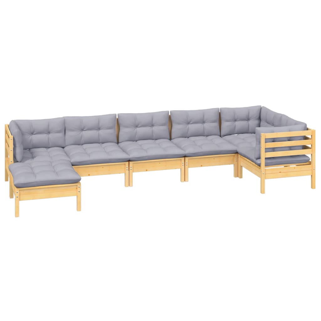 Salon de jardin 7 pcs avec coussins gris bois de pin massif