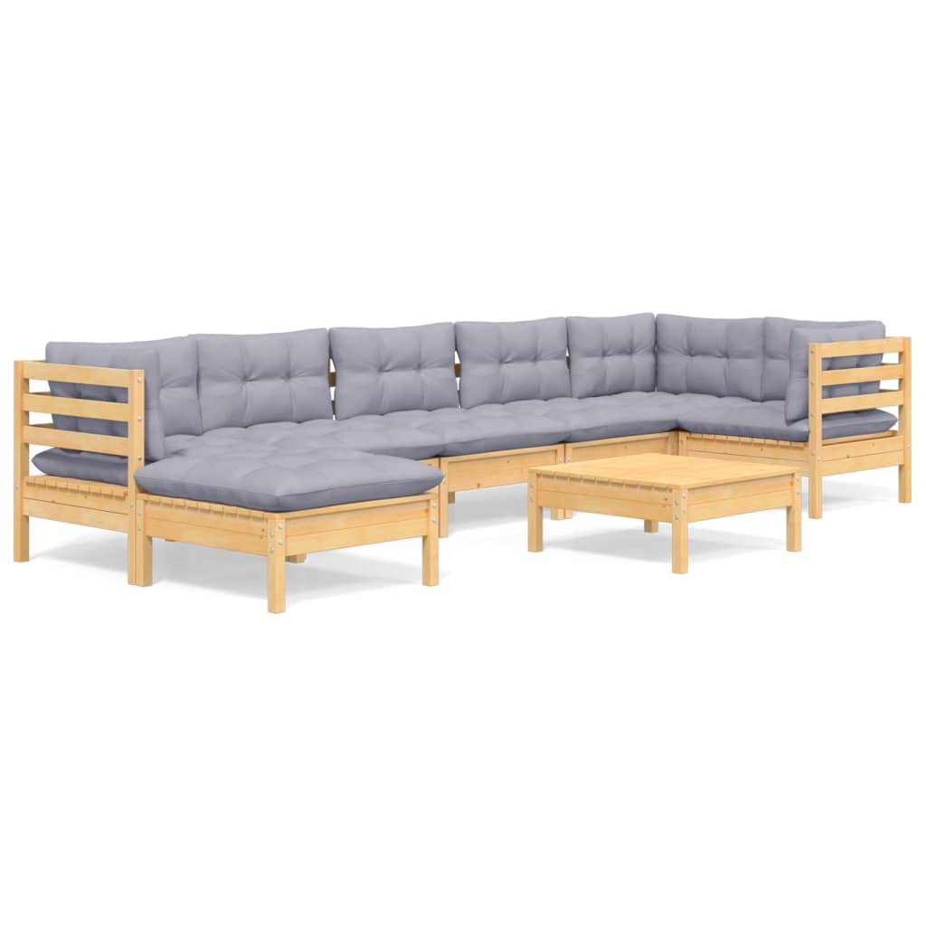 Salon de jardin 8 pcs avec coussins gris Bois de pin massif
